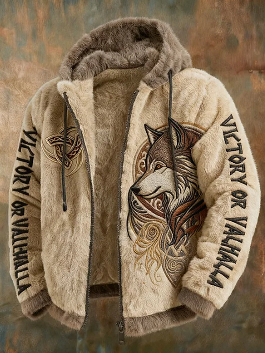 Miesten Viking Tribal Jacquard Celtic Susien innostunut Plush lämmin vetoketju hupputakki
