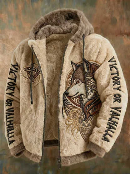 Miesten Viking Tribal Jacquard Celtic Susien innostunut Plush lämmin vetoketju hupputakki