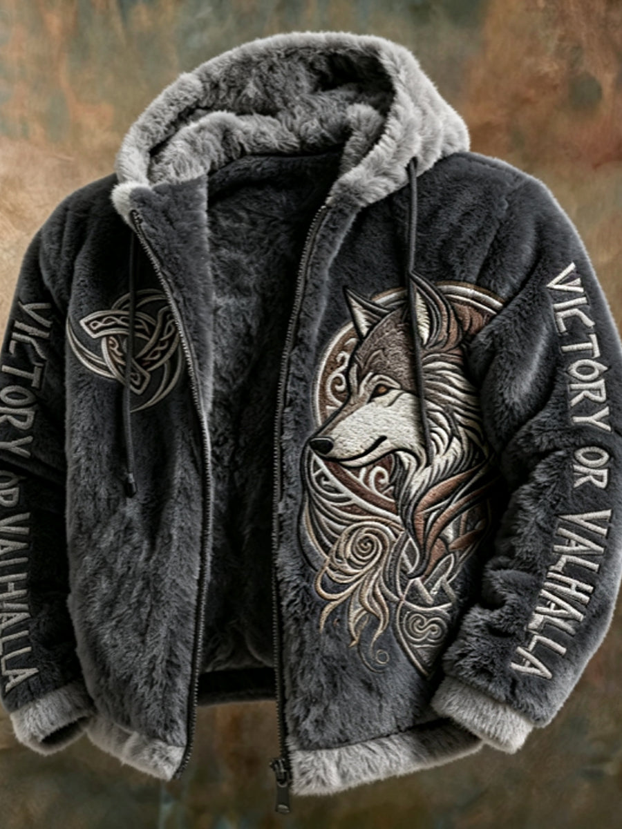 Miesten Viking Tribal Jacquard Celtic Susien innostunut Plush lämmin vetoketju hupputakki