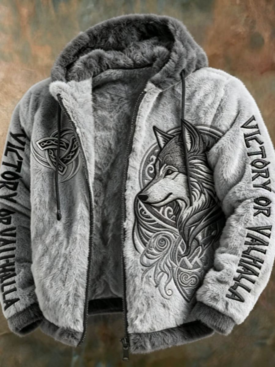 Miesten Viking Tribal Jacquard Celtic Susien innostunut Plush lämmin vetoketju hupputakki