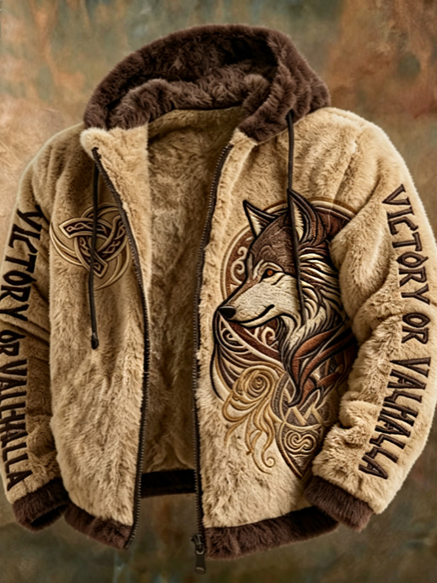 Miesten Viking Tribal Jacquard Celtic Susien innostunut Plush lämmin vetoketju hupputakki