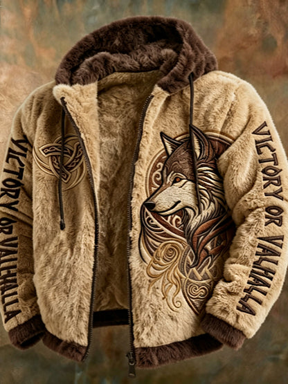 Miesten Viking Tribal Jacquard Celtic Susien innostunut Plush lämmin vetoketju hupputakki