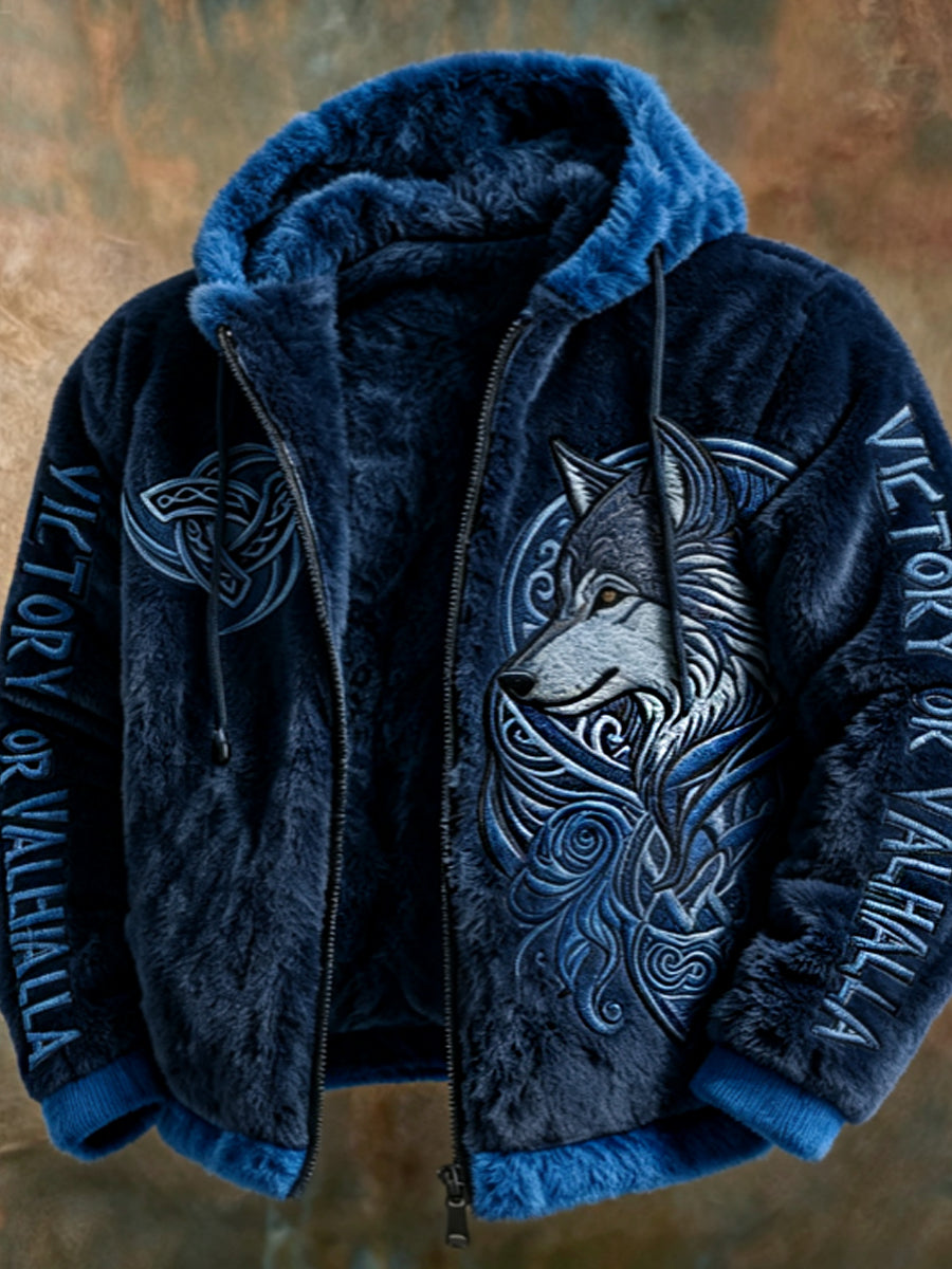 Miesten Viking Tribal Jacquard Celtic Susien innostunut Plush lämmin vetoketju hupputakki
