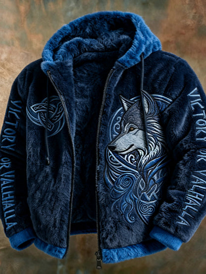 Miesten Viking Tribal Jacquard Celtic Susien innostunut Plush lämmin vetoketju hupputakki