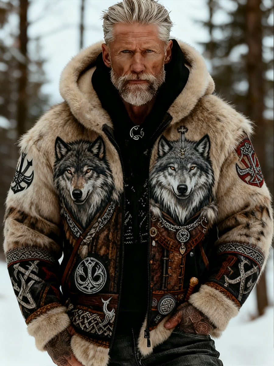Miesten Retro Viking Wolf Totem Celtic Tyyli Flannel lämmin huppupaikka