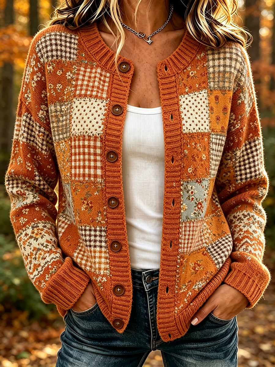 Naisten Vintage Fall Patchwork Print Cozy Cardigane