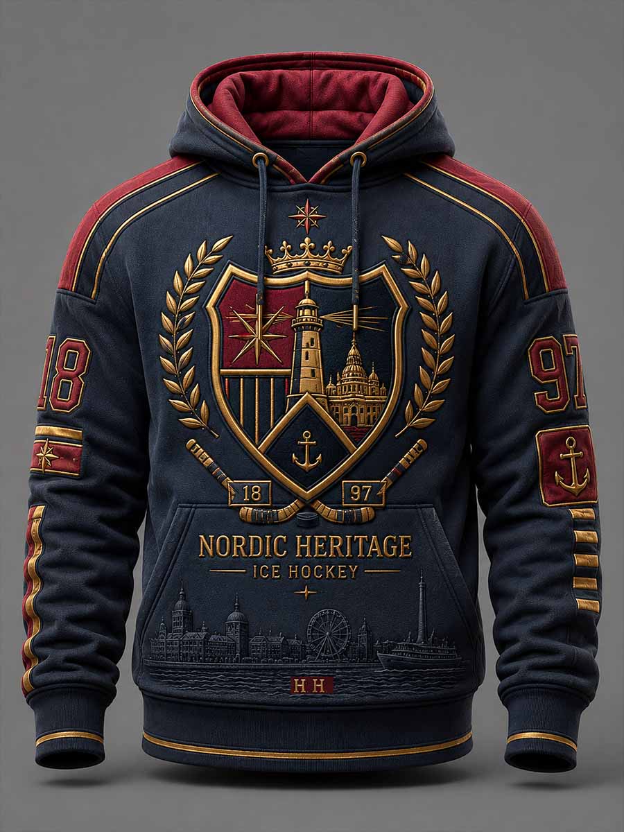 Miesten retro 1897 HIFK-jääkiekkojoukkueen painokuvioitu collegepaita