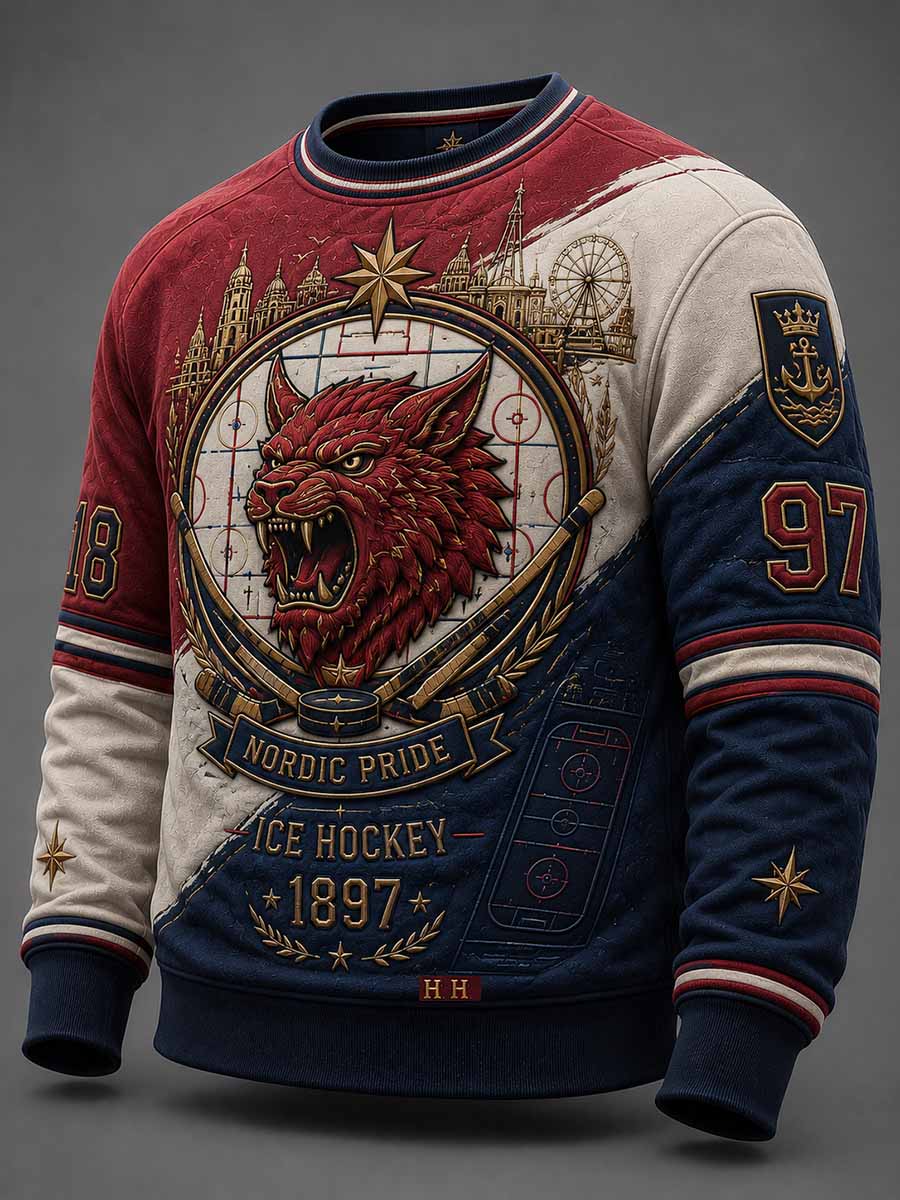 Miesten retro 1897 HIFK-jääkiekkojoukkueen painokuvioitu collegepaita