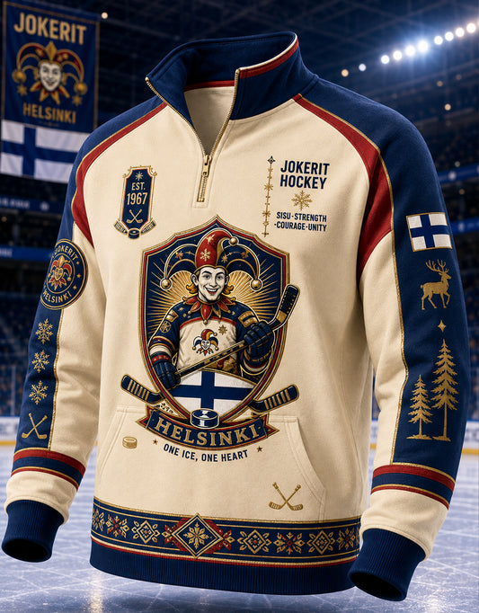 Miesten Suomen jääkiekko Jokerit puolikiiltonenäinen pystykauluinen collegepaita