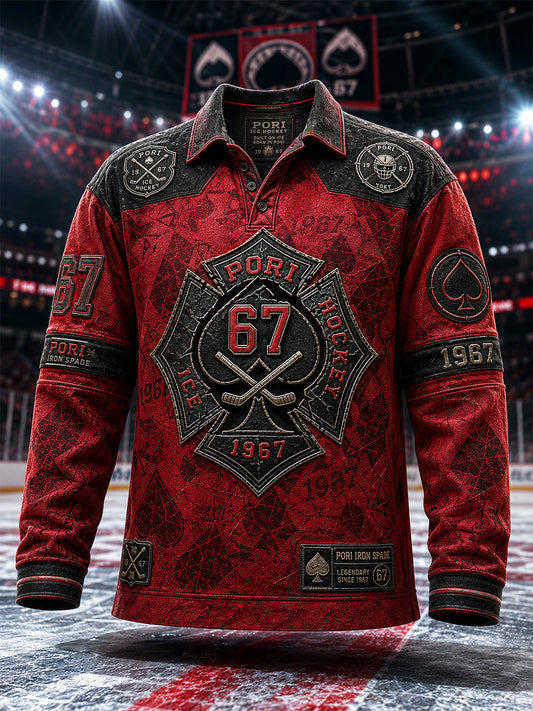 Miesten Retro Porin Ässät Suomen jääkiekko Rakastaja Pitkähiha Polopaita