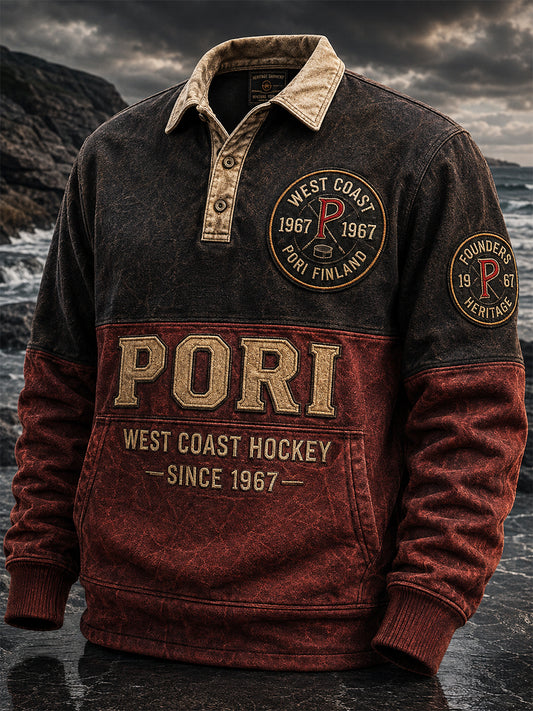 Miesten retro Porin Ässät -suomihokkifani pitkähihainen poolopaita