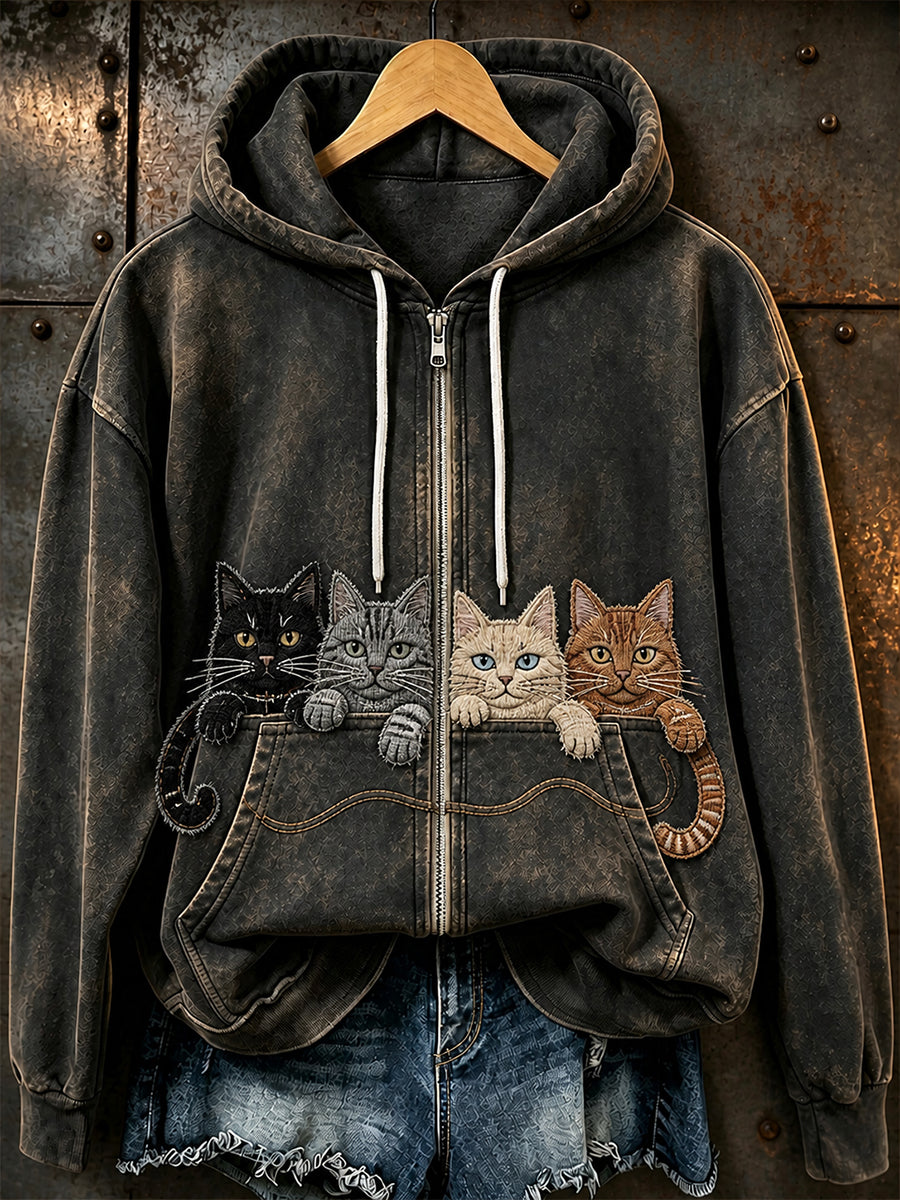 Retro Eläinten tulostus Vapaa huppuhukka Zip-Up Sweatshirti
