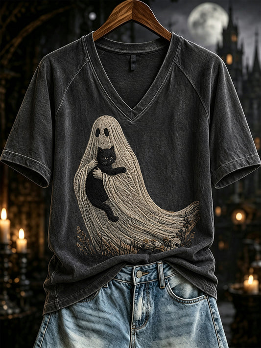 Naisten a Ghost Holding a Cat Print V-kaula lyhythihihainen T-paito