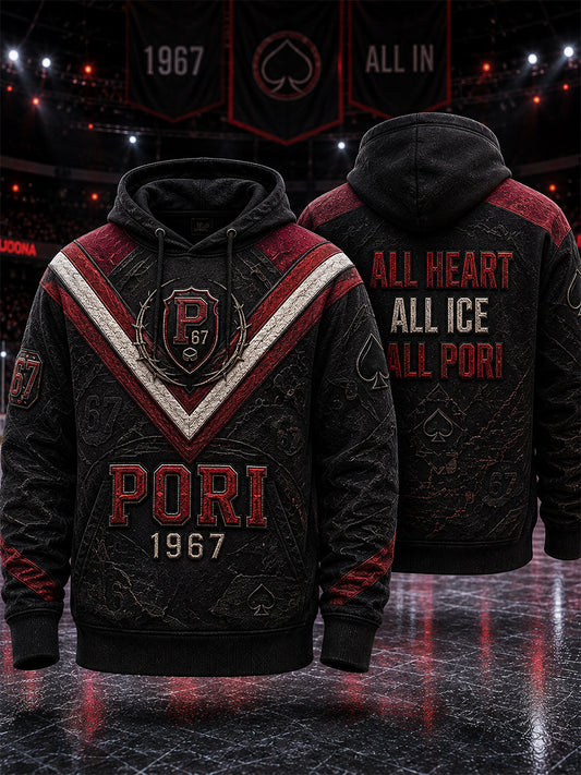 Miesten retro Porin Ässät -suomihokkifani pitkähihainen huppari