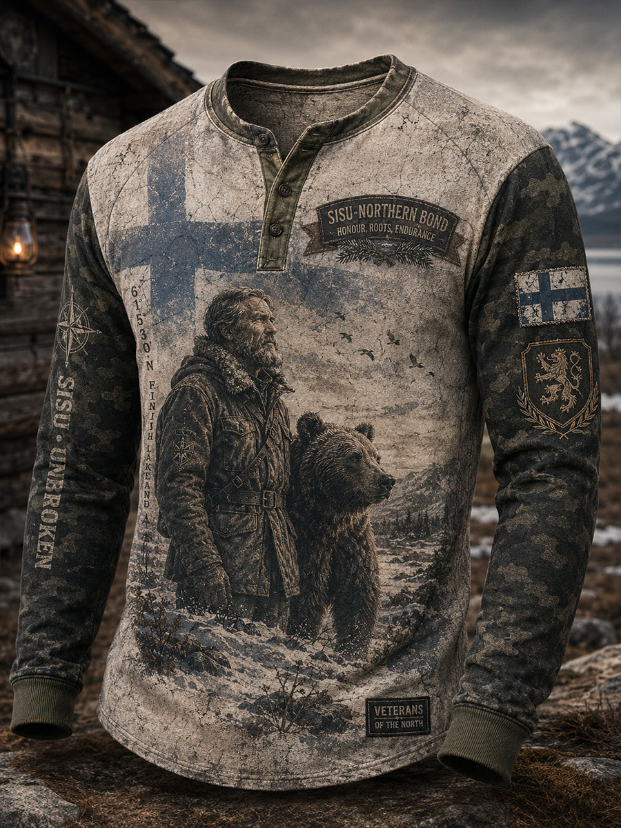 Miesten suomalainen veteraani Sisu Pitkähiha Henley-paita