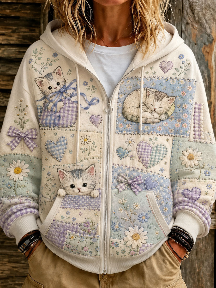 Naisten söpö patchwork Cat tulosta vapaa huppupaikka