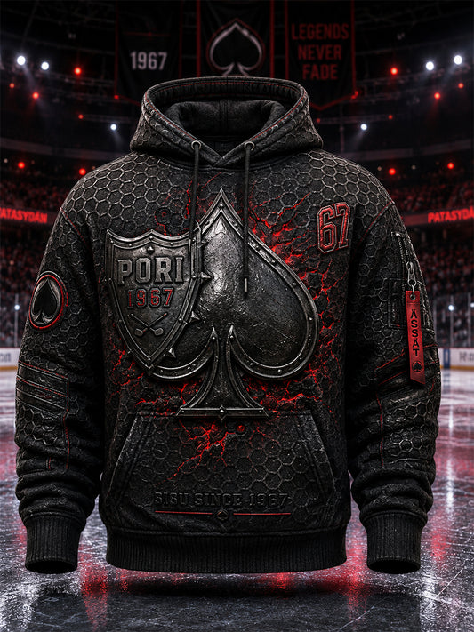 Miesten retro Porin Ässät -suomihokkifani pitkähihainen huppari