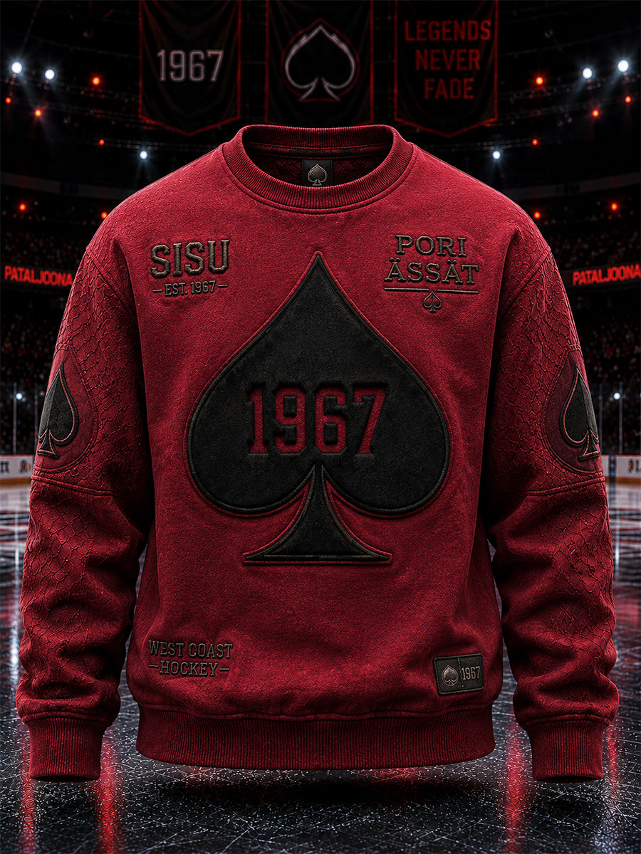 Miesten retro Porin Ässät -suomihokkifani pitkähihainen huppari