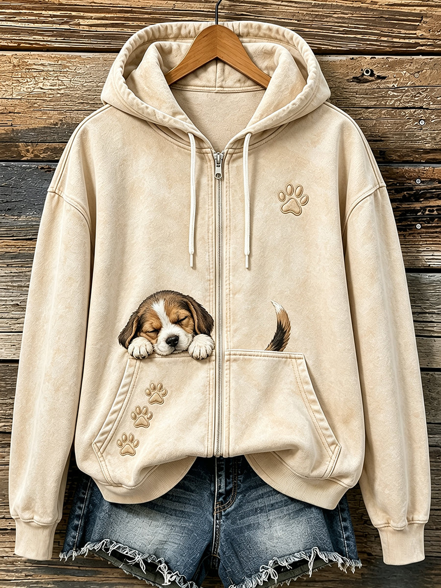 Naisten ihana nukkuva Beagle & Tassat Tulosta Zip-Up Hoodie.