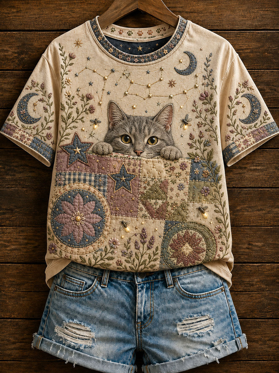 Naisten Zodiac Cat Print Casual lyhythiha T-paita