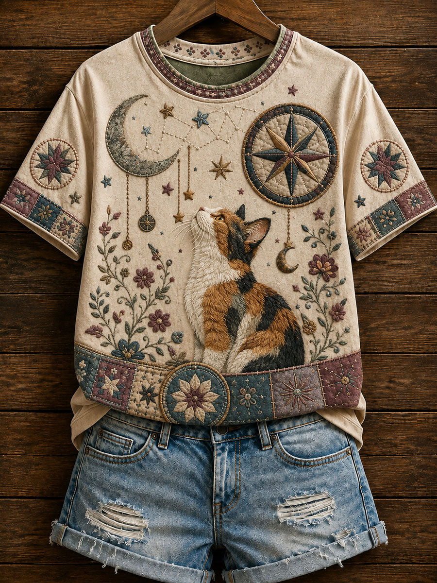 Naisten Zodiac Cat Print Casual lyhythiha T-paita