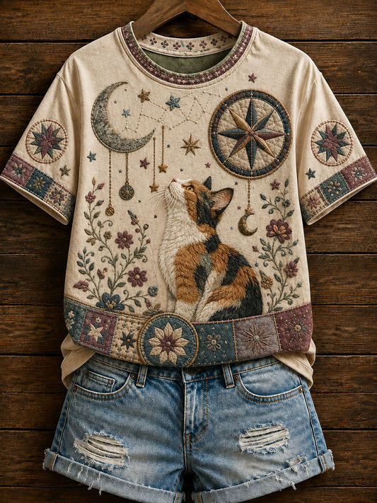 Naisten Zodiac Cat Print Casual lyhythiha T-paita