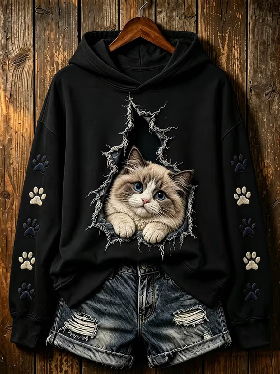 Naisten söpö kissa painettu Säännöllinen Sweatshirt
