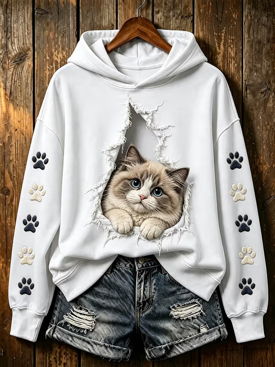 Naisten söpö kissa painettu Säännöllinen Sweatshirt