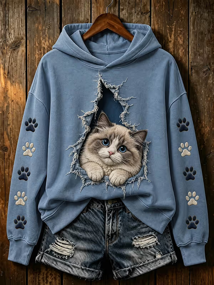 Naisten söpö kissa painettu Säännöllinen Sweatshirt