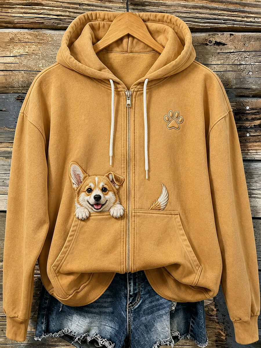 Naisten ihana Peeking Corgi & Tassat Tulosta Zip-Up Huppari