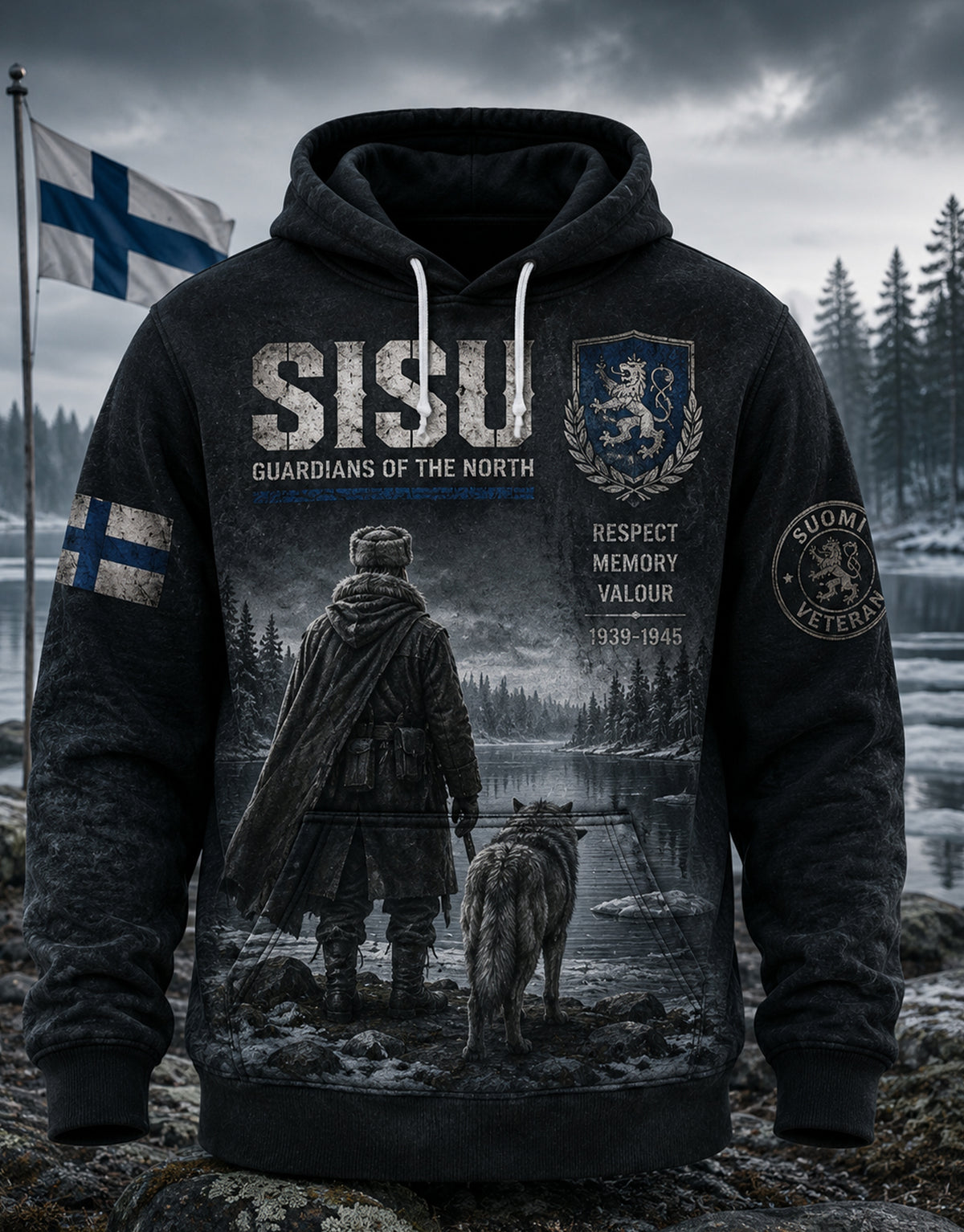 Miesten suomalainen veteraani Sisu pitkähihainen huppari