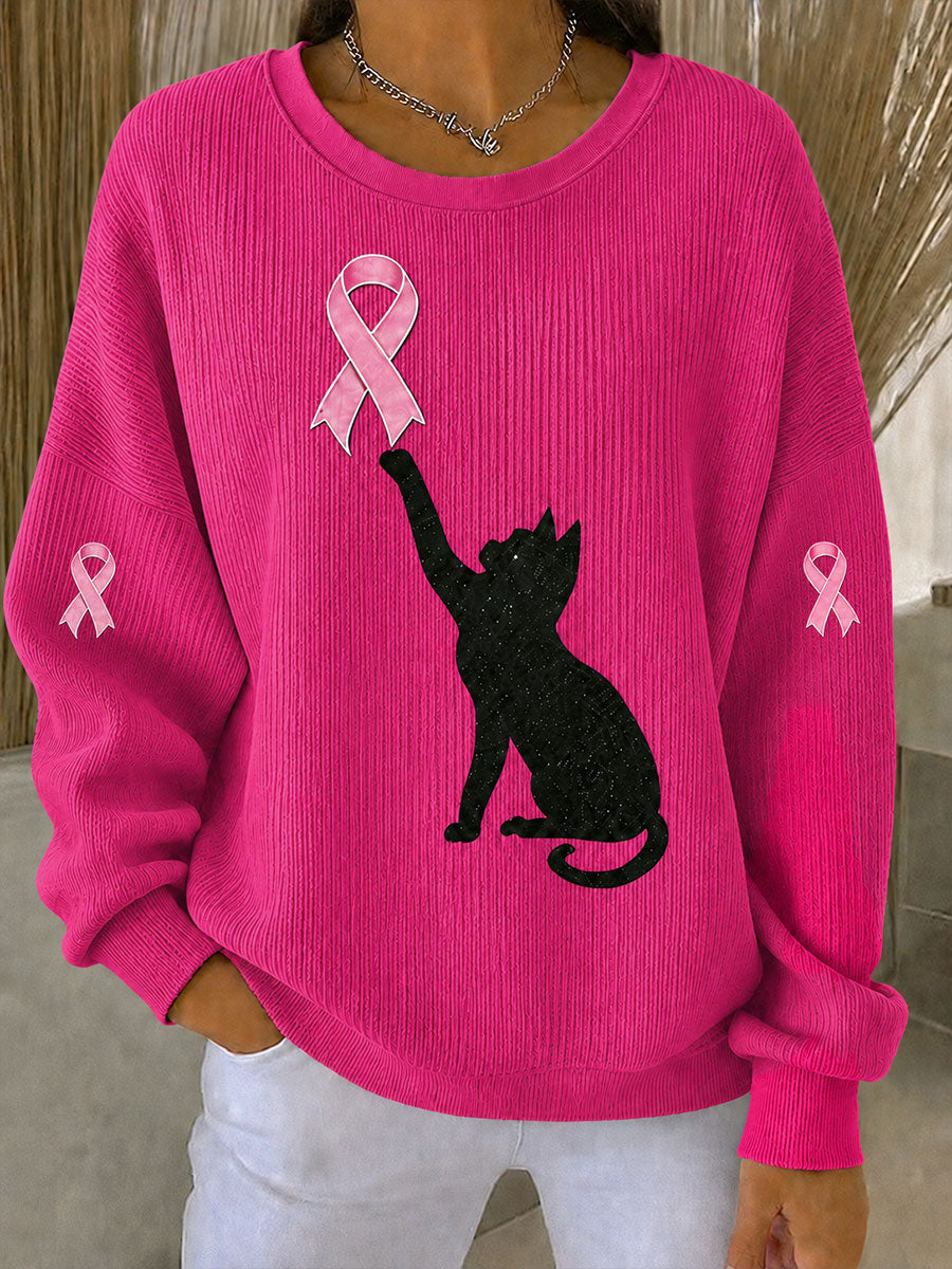 Naisten rintasyöpä tietoisuus Musta kissa vaaleanpunainen nauha Ribbed pyöreä kaula Sweatshirt