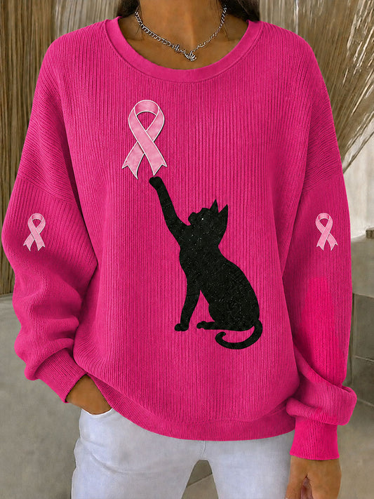 Naisten rintasyöpä tietoisuus Musta kissa vaaleanpunainen nauha Ribbed pyöreä kaula Sweatshirt