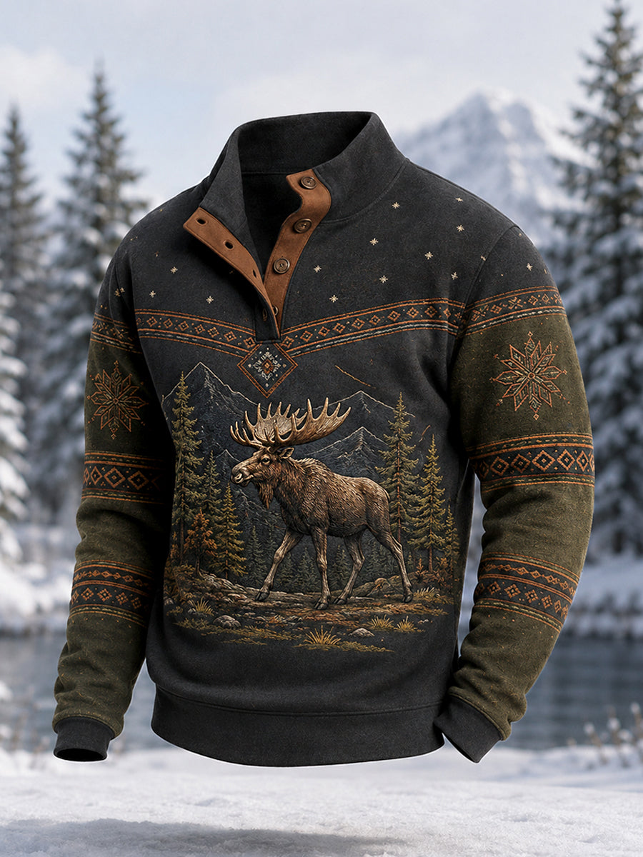Miesten talvi Moose Print Casual Napit Pullover.