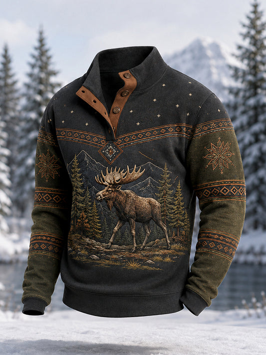 Miesten talvi Moose Print Casual Napit Pullover.