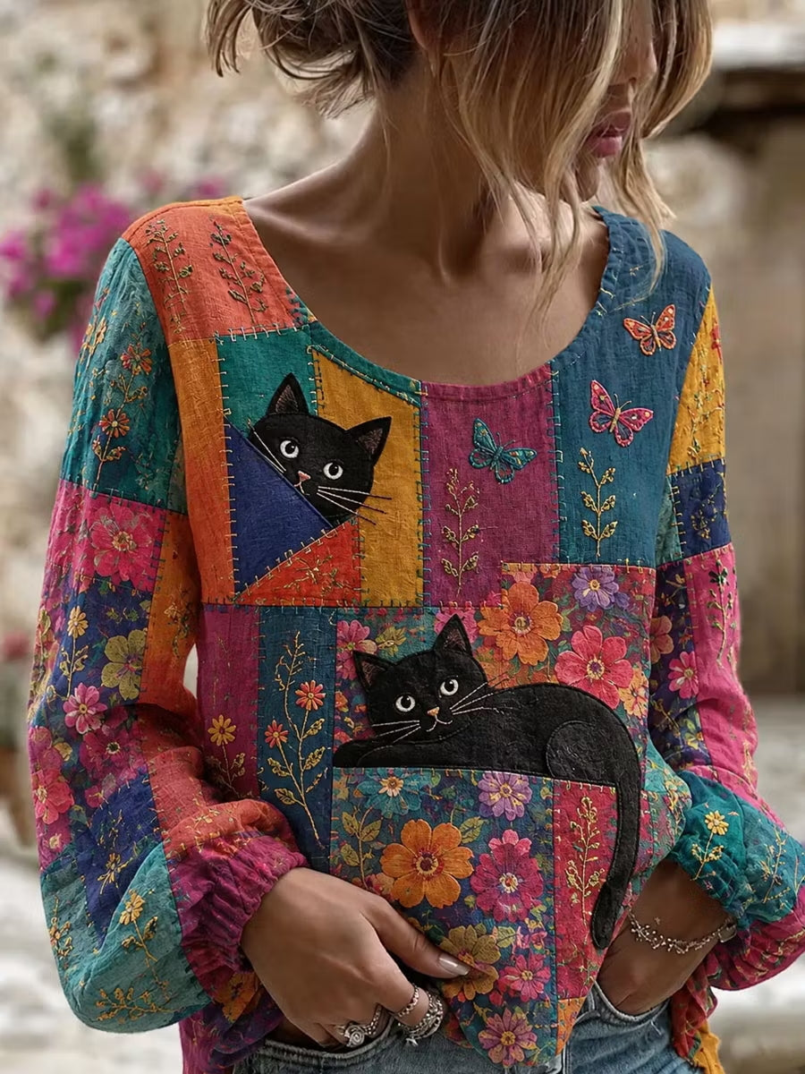 Naisten kissa Kukkakukkataide puuvilla-Linen-paita