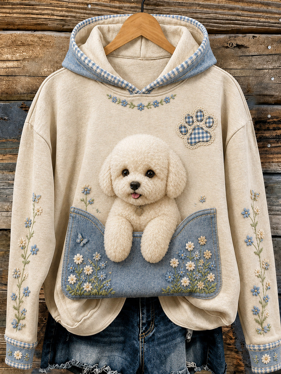 Naisten söpö Bichon Frise Kukka Print mukava Sweatshirt