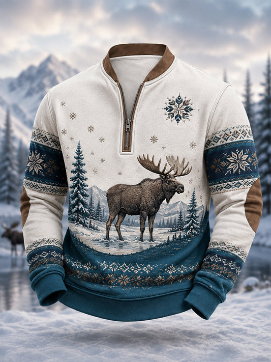 Miesten talvi Moose Print Casual vetoketju pulloveri