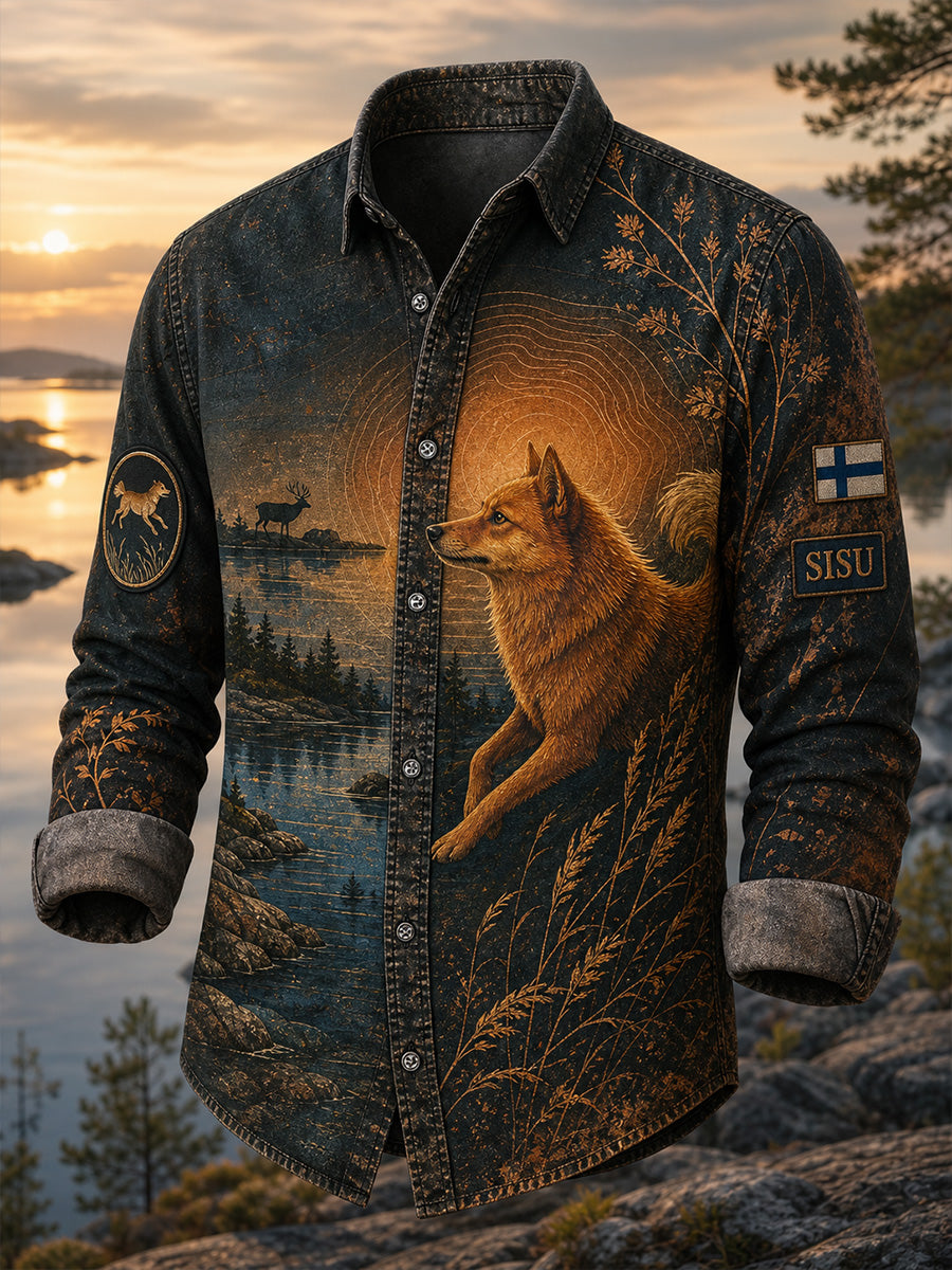 Retrotyylinen suomenpystykorvan taidepainatus, rento ja mukava pitkähihainen paita