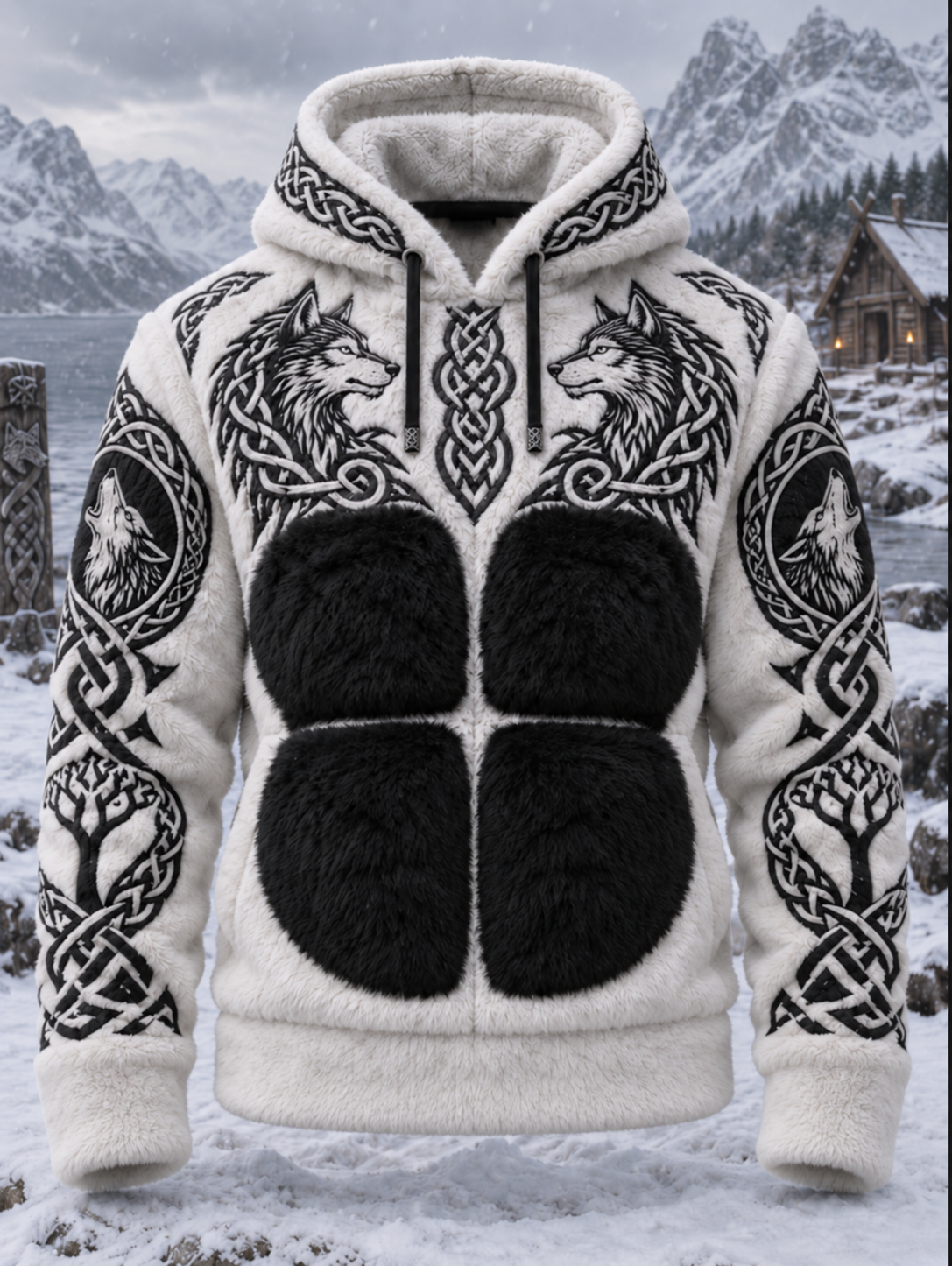 Miesten Viking heimo tyyli Wolf Head Jacquard kelttinen solmu taide Flannel lämpimä huppari