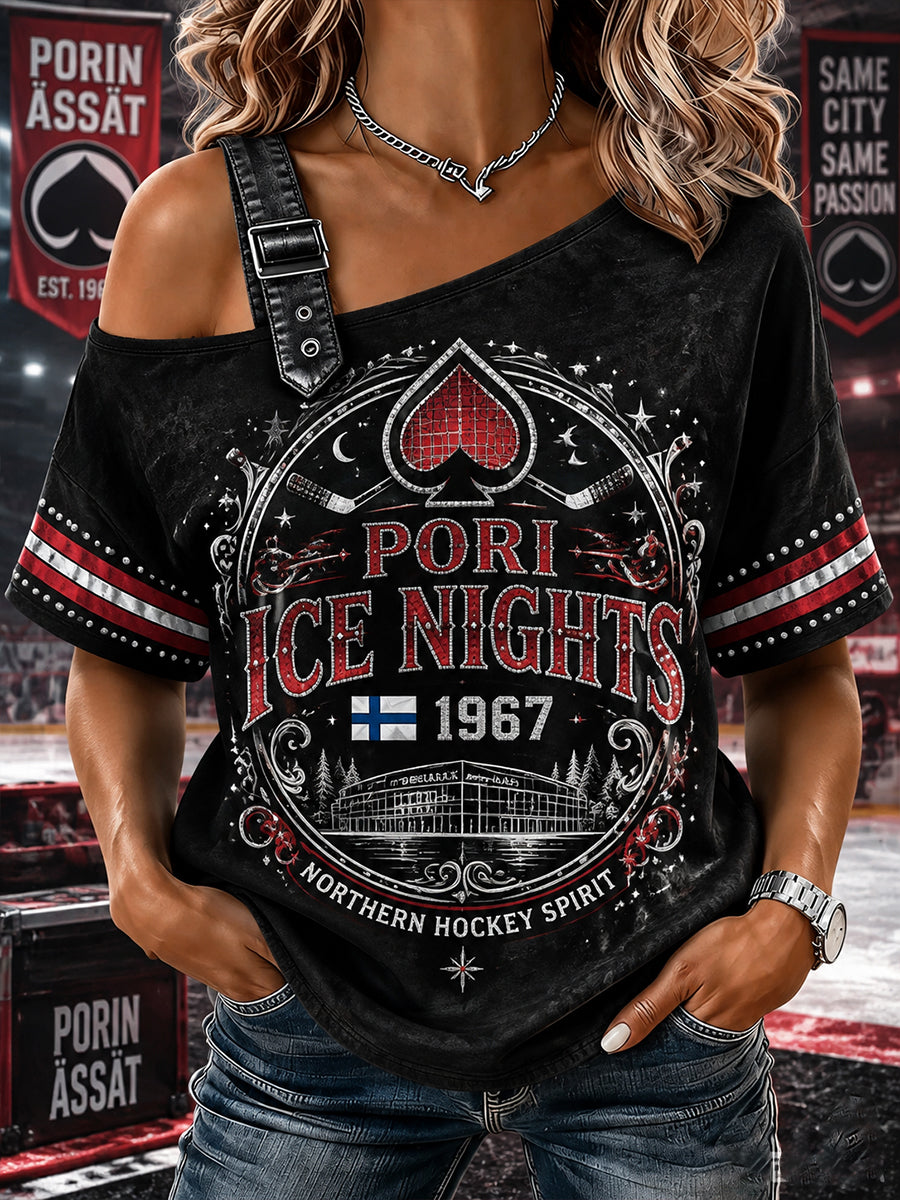 Naisten Suomen Jääkiekko Porin Ässät Pitkähiha Off-Shoulder Sweatshirt