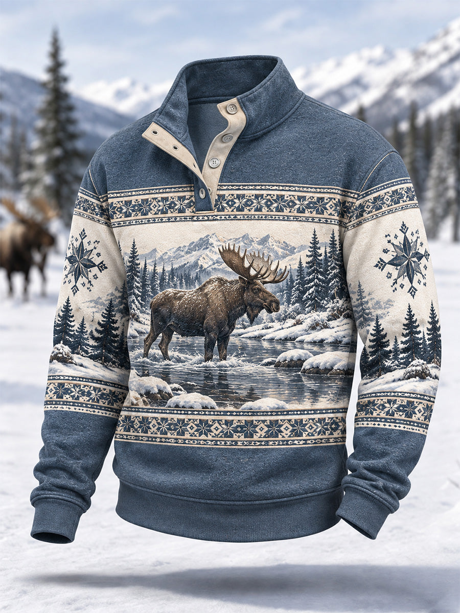 Miesten talvinen hirvi-kuvioitu rento napillinen pusero