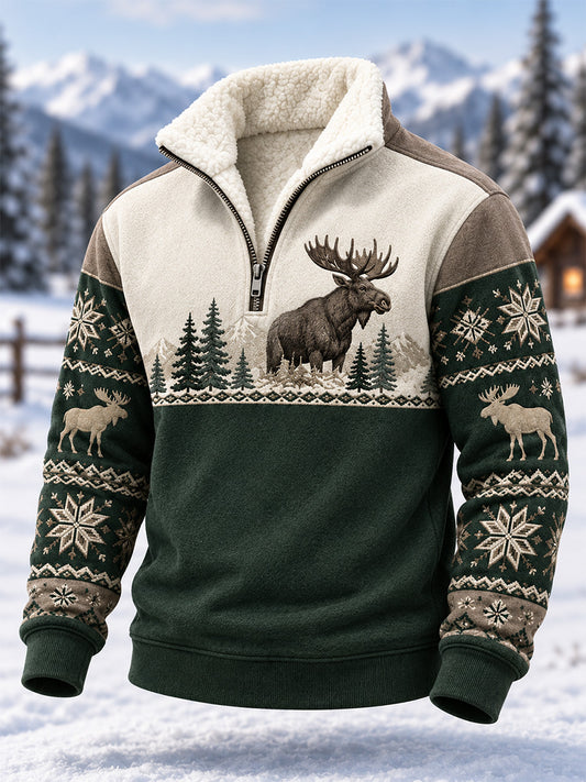 Miesten talvi Moose Print Casual Plush stand kauluspaita