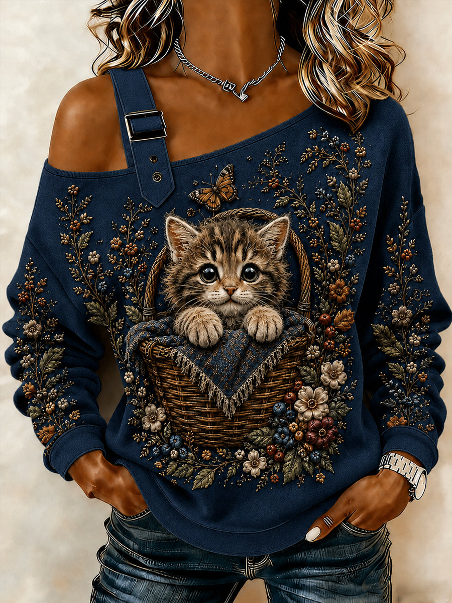 Naisten syksy Söpö Cat Art Print Casual Off-Shoulder Sweatshirt