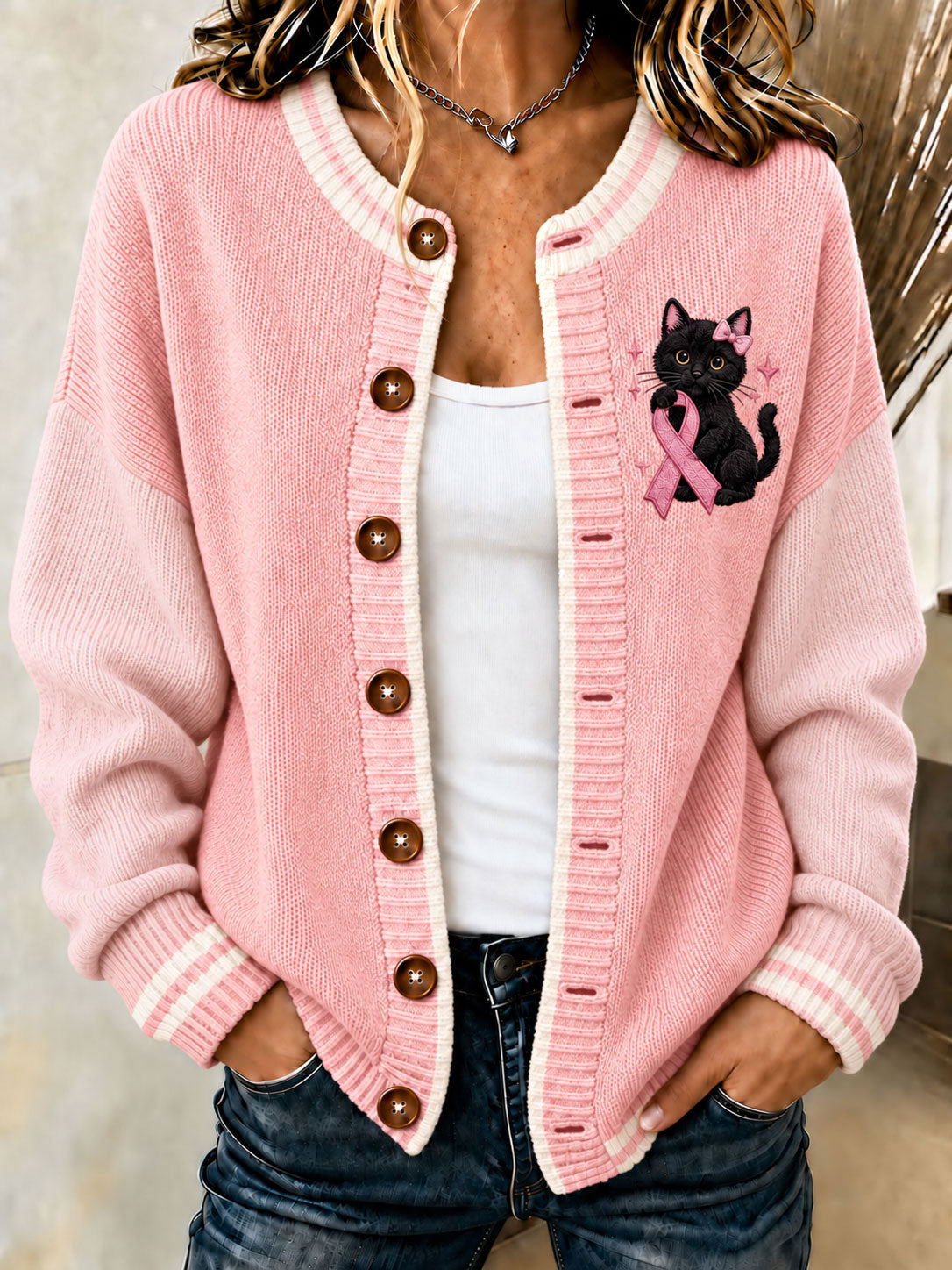 Naisten rintasyöpä Musta kissa Cardigan-Tyyli Knit takki