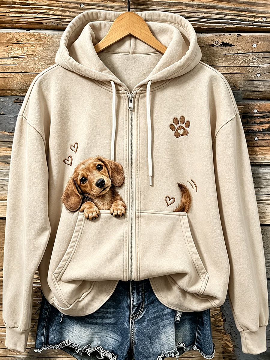 Naisten ihana Peeking Dachkokoira & Puw Tulosta Vintage Zip-Up Hoodiet