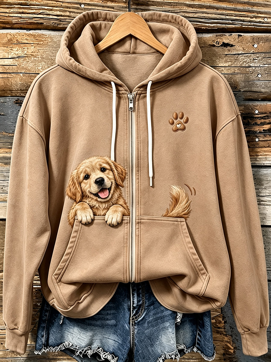 Naisten ihana Peeking Golden Retriever & Puss Tulosta Vintage Zip-Up Huppuhuun