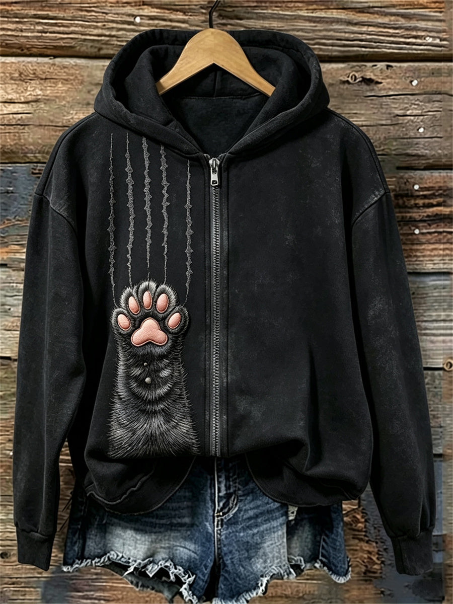 Naisten musta kissa fuzzy Paw & naarmuja Tulosta täysi Zip Hoodie.