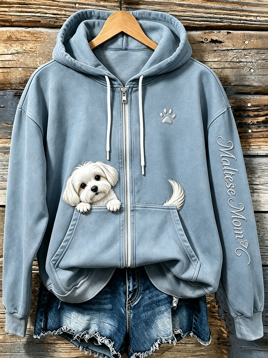 Naisten ihana Peeking Koira & Pussu Maltan äiti Tulosta Vintage Zip-Up Huppuhuun