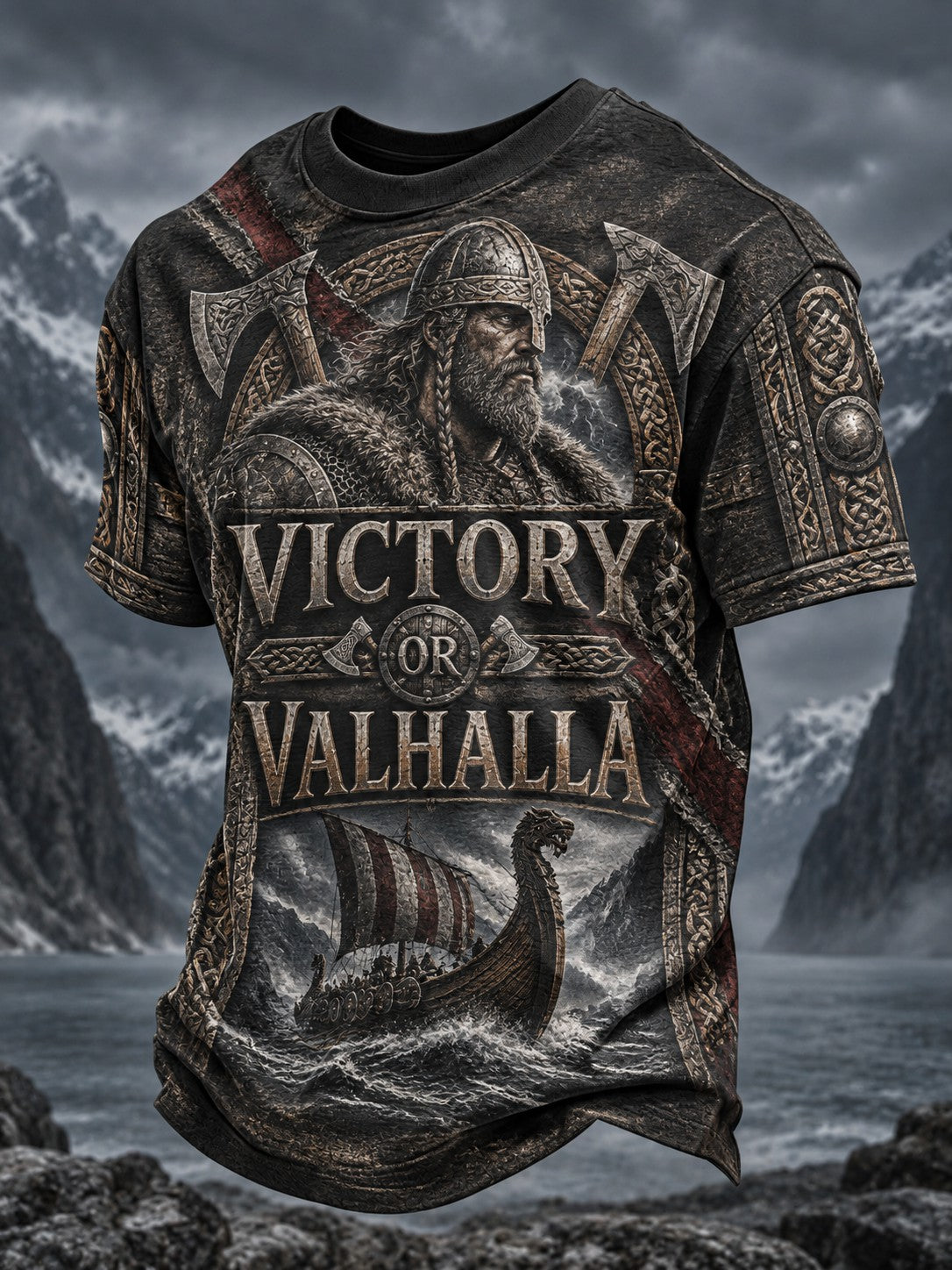 Miesten viikinkivoitto- tai Valhalla-kuvioitu t-paita